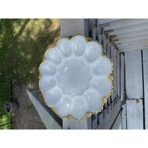 Vintage Anchor Hocking Milk Glass Deviled Egg Plate with Gold Trim